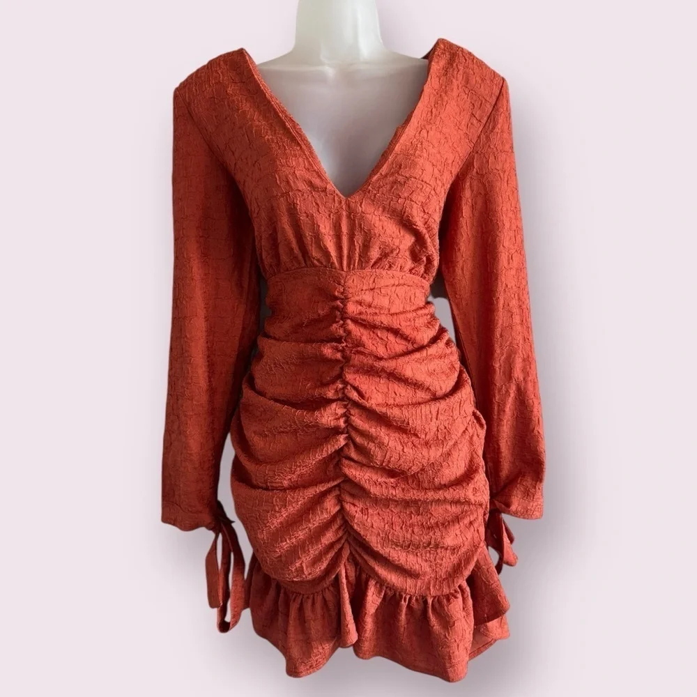 rust ruched dress TFNC long sleeve ruched split maxi dress in deep rust